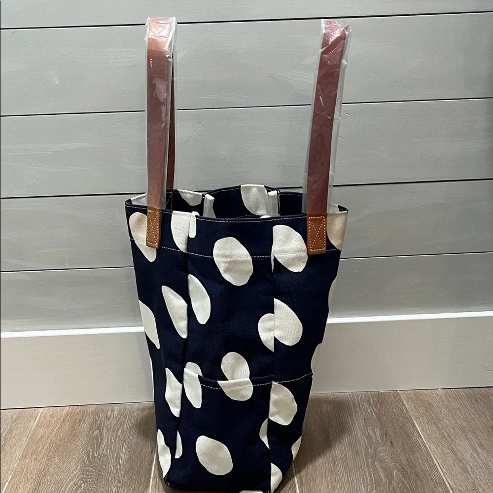 Donna Gorman Polka Dot Hand Painted Leather handled Tote Bag - Navy and White